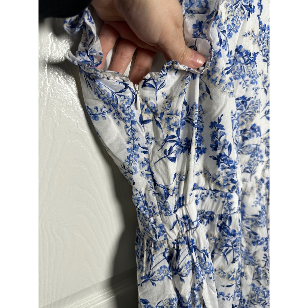 Blue White‎ Floral Cotton Tiered Dress Ruffle Sleeve Pockets XL - Picture 7 of 7